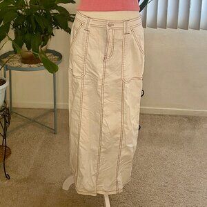 NWT: Forever 21 maxi skirt. Ecru w/brown stitching. Size M. 5 pockets. slit back